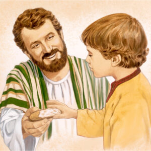 مردی به پسرش نان می‌دهد